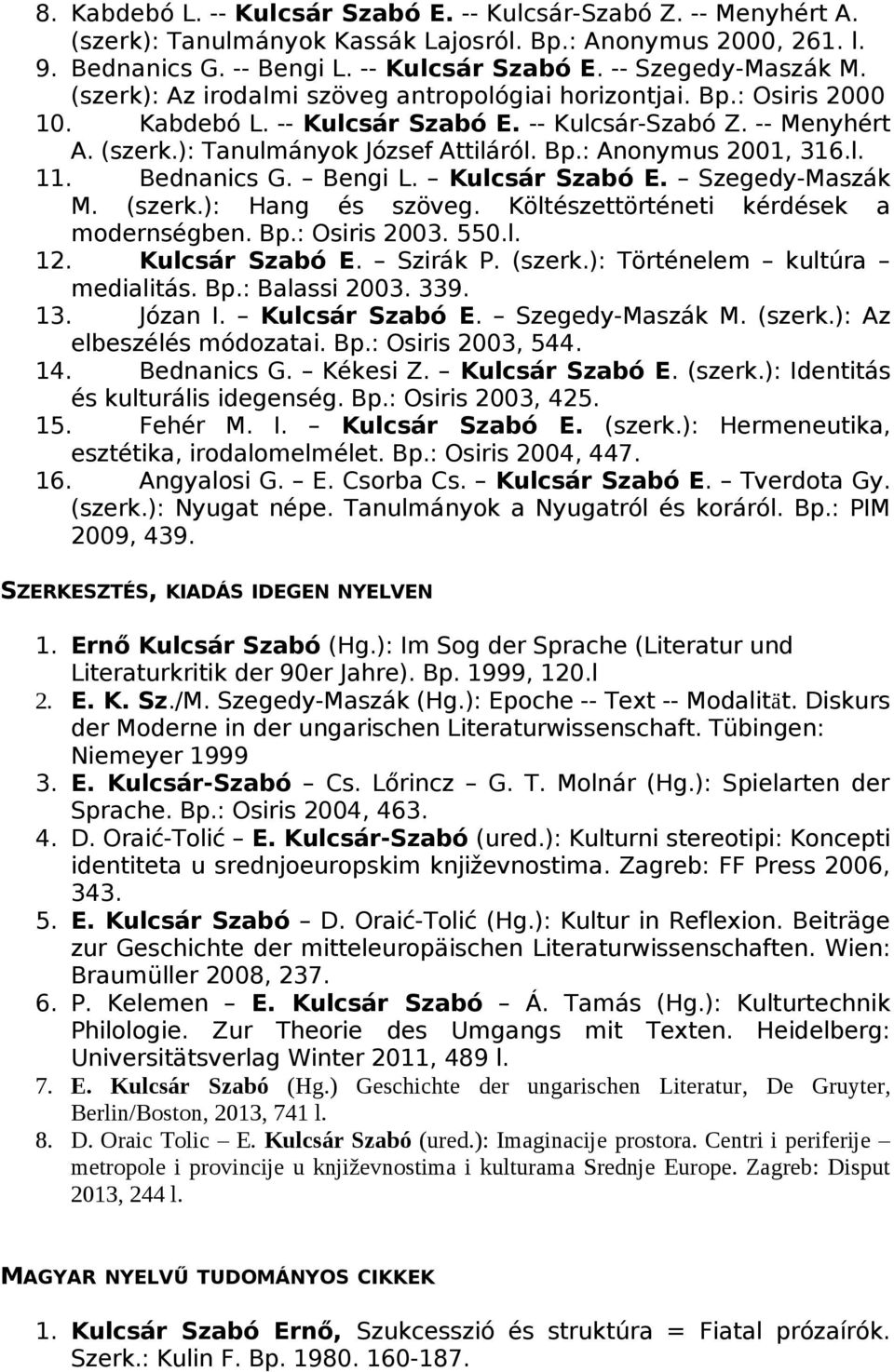 l. 11. Bednanics G. Bengi L. Kulcsár Szabó E. Szegedy-Maszák M. (szerk.): Hang és szöveg. Költészettörténeti kérdések a modernségben. Bp.: Osiris 2003. 550.l. 12. Kulcsár Szabó E. Szirák P. (szerk.): Történelem kultúra medialitás.