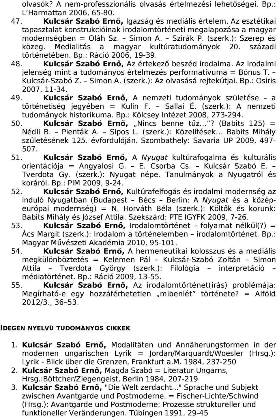 századi történetében. Bp.: Ráció 2006, 19-39. 48. Kulcsár Szabó Ernő, Az értekező beszéd irodalma. Az irodalmi jelenség mint a tudományos értelmezés performatívuma = Bónus T. Kulcsár-Szabó Z. Simon A.