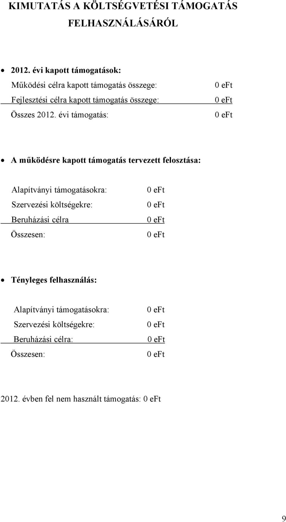 2012. évi támogatás: A működésre kapott támogatás tervezett felosztása: Alapítványi támogatásokra: Szervezési