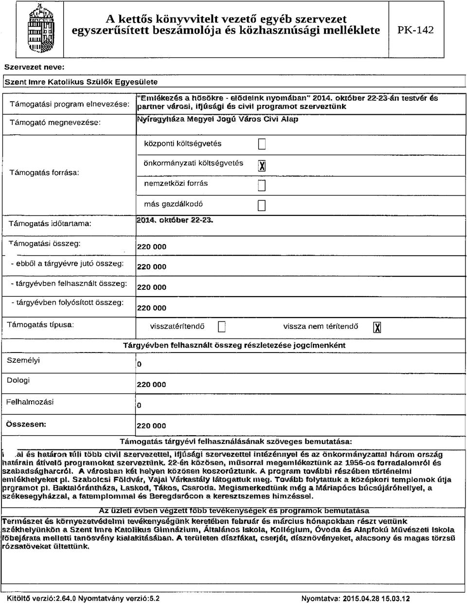 október 22-23 án testvér és partner városi, ifjúsági és civil program ot szerveztünk Nyíregyháza Megyei Jogú Város O v i Alap Támogatás forrása: Támogatás időtartama: központi költségvetés