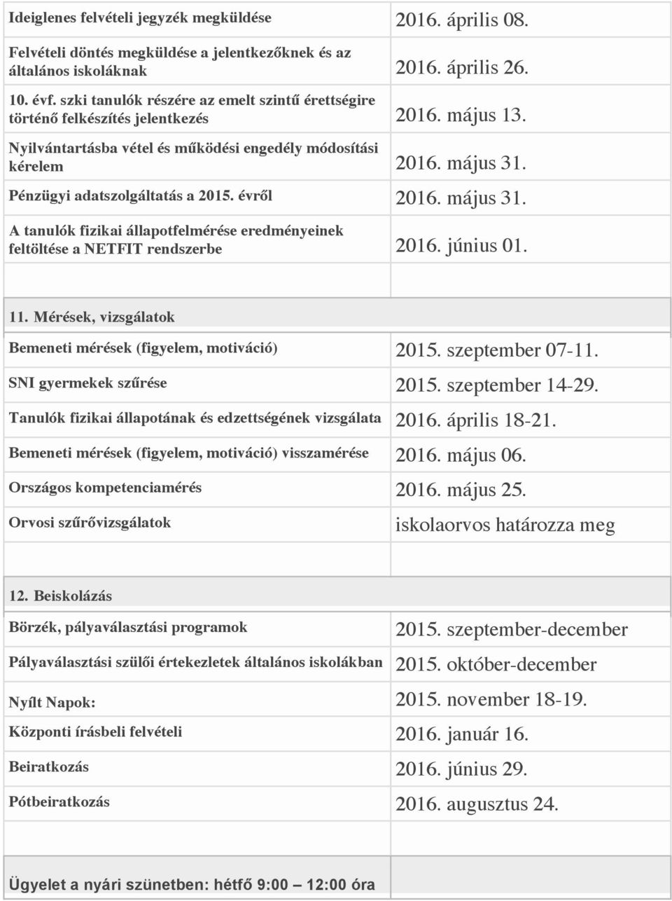 Pénzügyi adatszolgáltatás a 2015. évről 2016. május 31. A tanulók fizikai állapotfelmérése eredményeinek feltöltése a NETFIT rendszerbe 2016. június 01. 11.