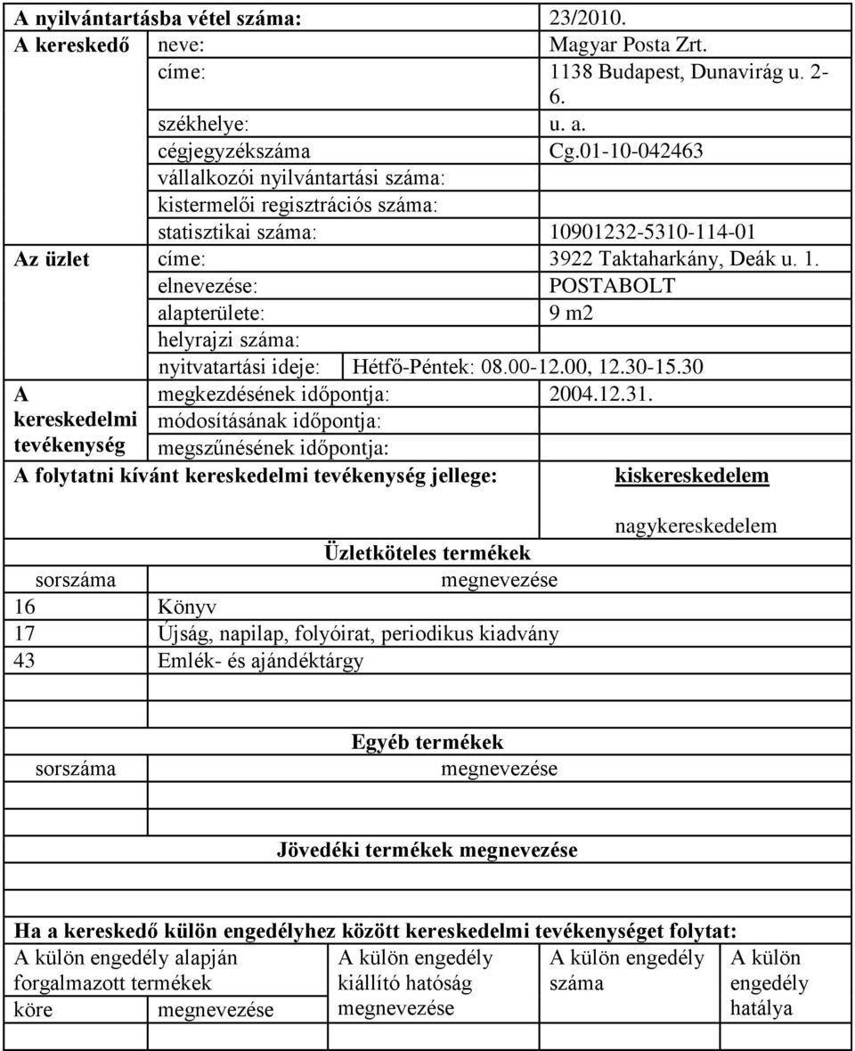 Taktaharkány, Deák u. 1. POSTBOLT 9 m2 helyrajzi : nyitvatartási ideje: Hétfő-Péntek: 08.00-12.00, 12.30-15.