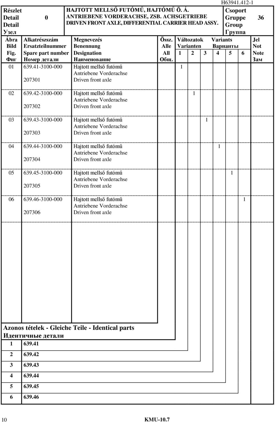 Фиг Spare part number Номер дeтaли Designation Наименование All Oбщ. 3 5 6 Note Зам 0 639.-300-000 0730 Hajtott mellső futómű Antriebene Vorderachse Driven front axle 0 639.
