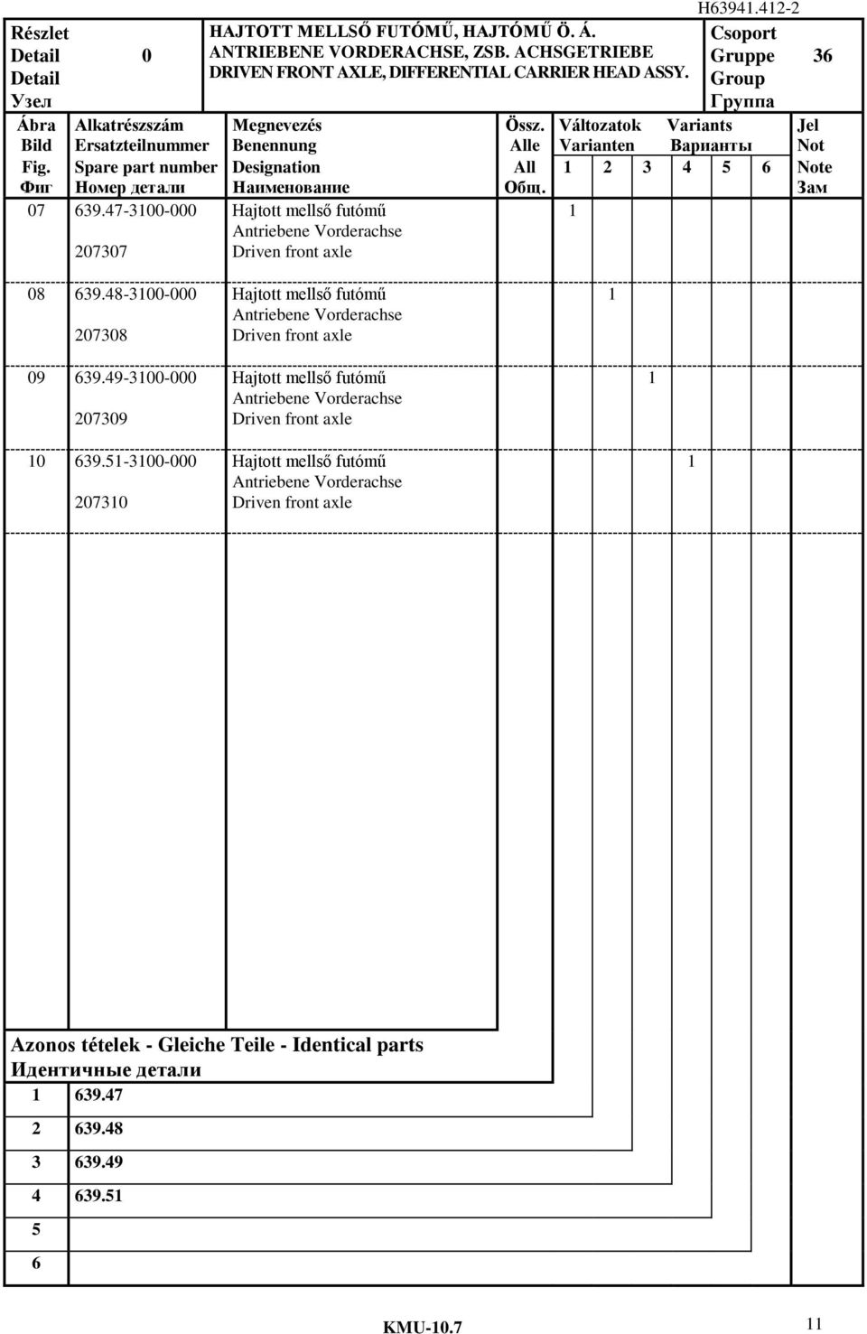 Фиг Spare part number Номер дeтaли Designation Наименование All Oбщ. 3 5 6 Note Зам 07 639.7-300-000 07307 Hajtott mellső futómű Antriebene Vorderachse Driven front axle 08 639.