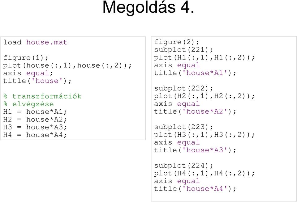 house*a1; H2 = house*a2; H3 = house*a3; H4 = house*a4; figure(2); subplot(221); plot(h1(:,1),h1(:,2)); axis equal