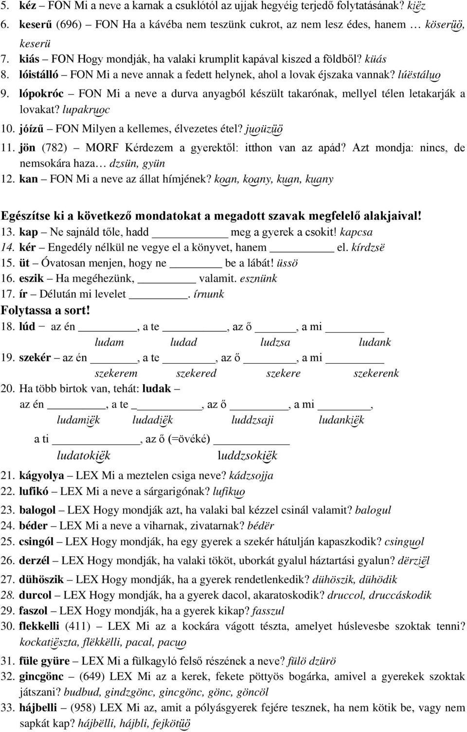 lópokróc FON Mi a neve a durva anyagból készült takarónak, mellyel télen letakarják a lovakat? lupakrõc 10. jóízű FON Milyen a kellemes, élvezetes étel? jõüz 11.