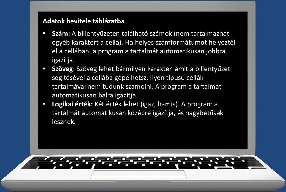 Szöveg: Szöveg lehet bármilyen karakter, amit a billentyűzet segítésével a cellába gépelhetsz.