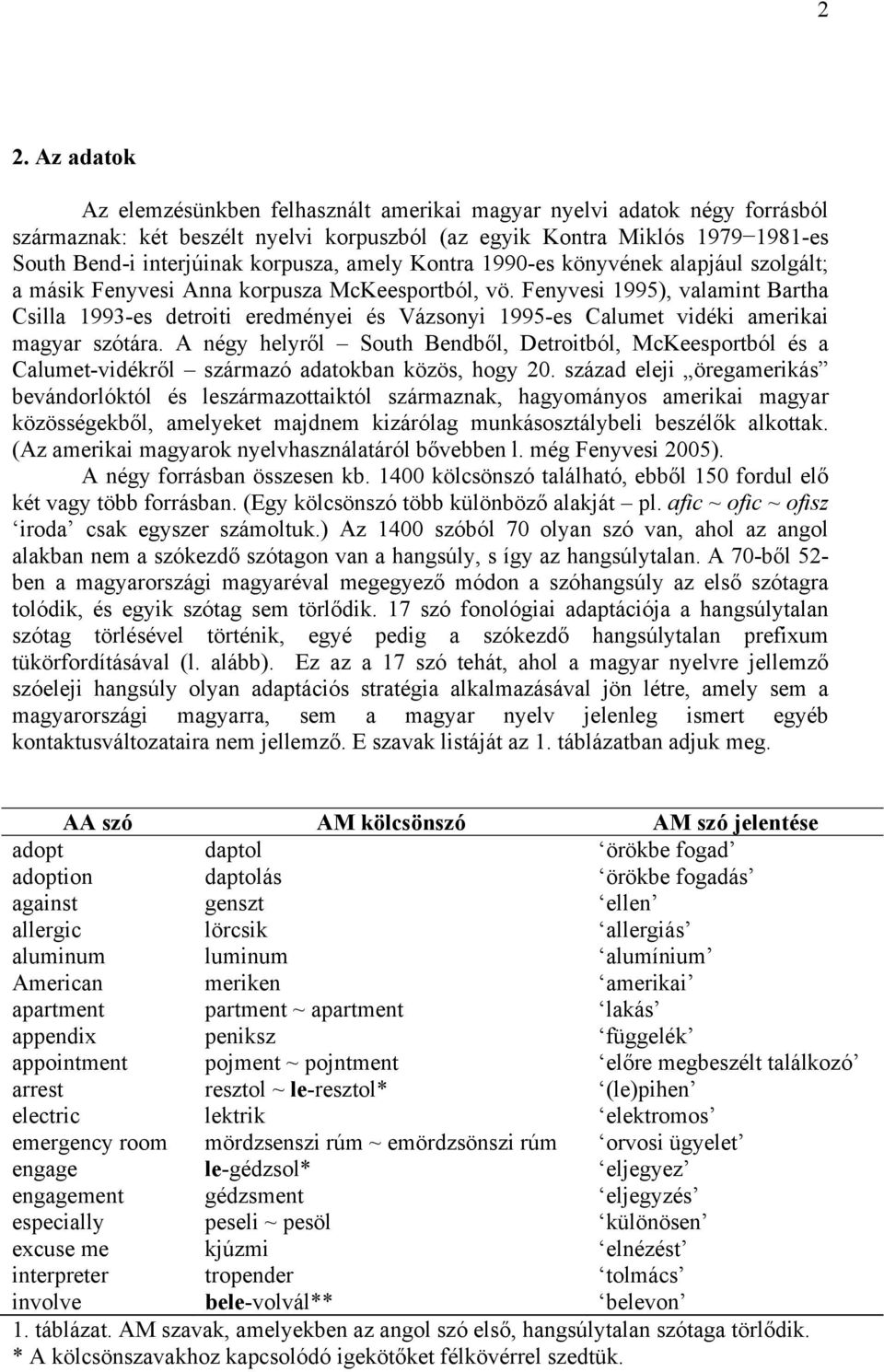 Fenyvesi 1995), valamint Bartha Csilla 1993-es detroiti eredményei és Vázsonyi 1995-es Calumet vidéki amerikai magyar szótára.