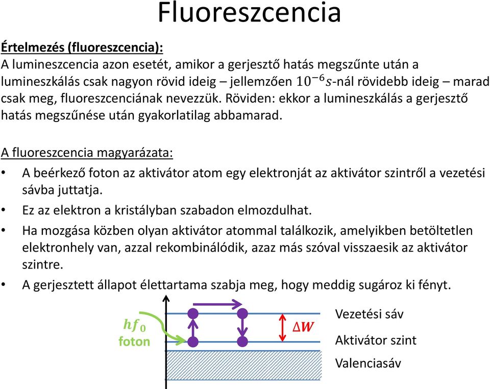 A fluoreszcencia magyarázata: A beérkező foton az aktivátor atom egy elektronját az aktivátor szintről a vezetési sávba juttatja. Ez az elektron a kristályban szabadon elmozdulhat.