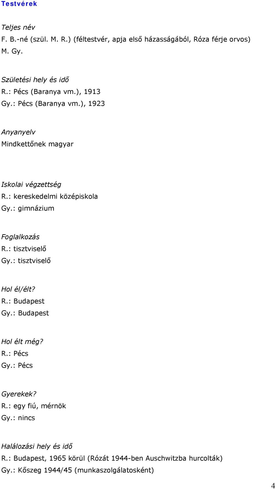 : kereskedelmi középiskola Gy.: gimnázium R.: tisztviselő Gy.: tisztviselő Hol él/élt? R.: Budapest Gy.: Budapest Hol élt még? R.: Pécs Gy.