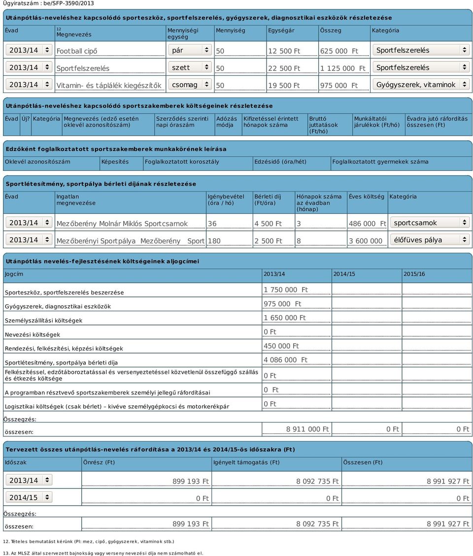 000 Ft Gyógyszerek, vitaminok Utánpótlás-neveléshez kapcsolódó sportszakemberek költségeinek részletezése Évad Új?