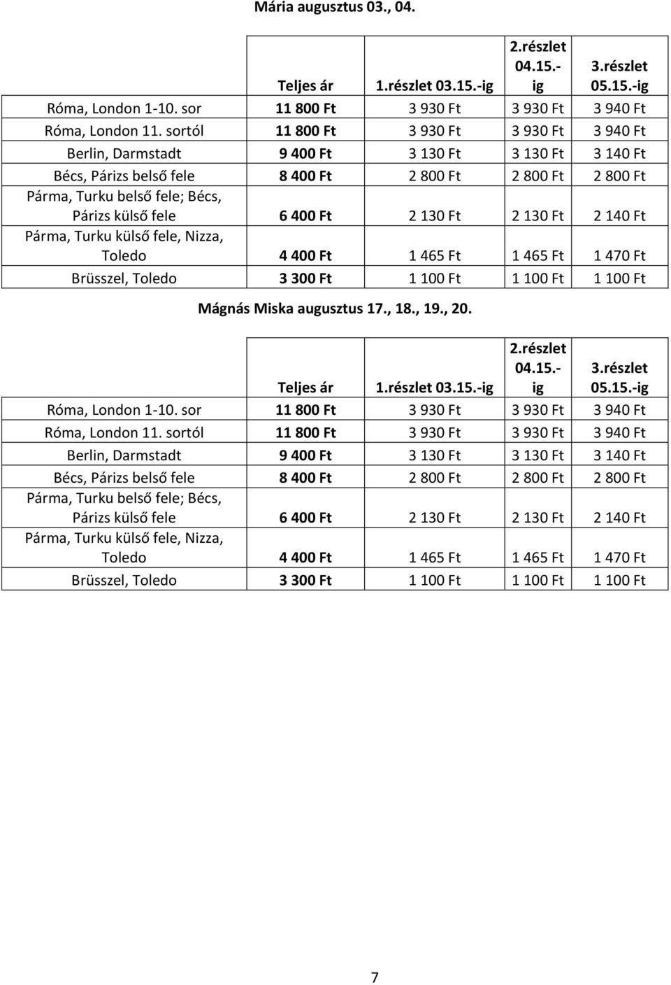 Párizs külső fele 6 400 Ft 2 130 Ft 2 130 Ft 2 140 Ft Toledo 4 400 Ft 1 465 Ft 1 465 Ft 1 470 Ft Brüsszel, Toledo 3 300 Ft 1 100 Ft 1 100 Ft 1 100 Ft Mágnás Miska augusztus 17., 18., 19., 20. 03.15.