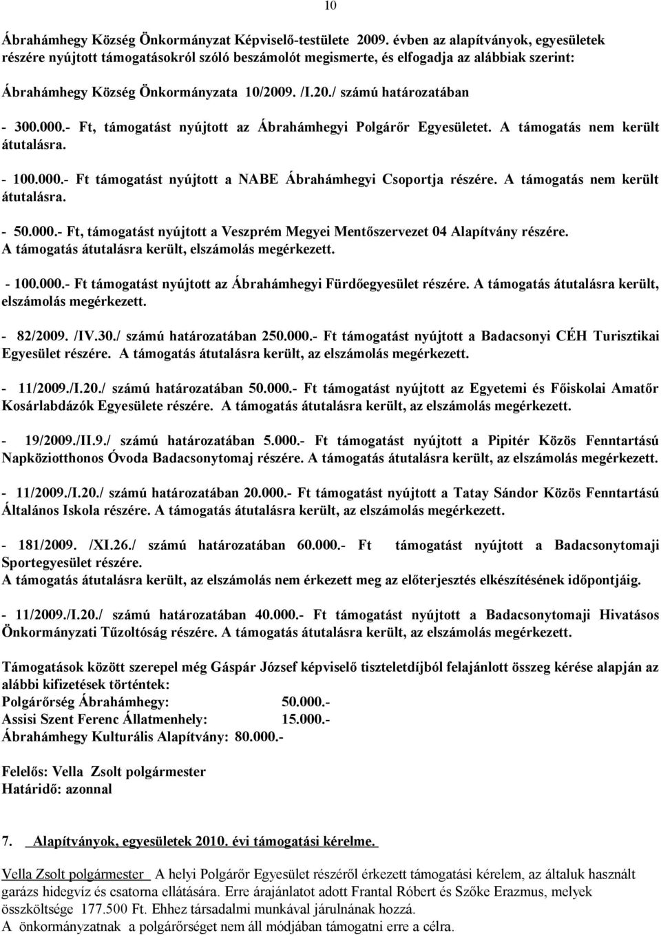 000.- Ft, támogatást nyújtott az Ábrahámhegyi Polgárőr Egyesületet. A támogatás nem került átutalásra. - 100.000.- Ft támogatást nyújtott a NABE Ábrahámhegyi Csoportja részére.