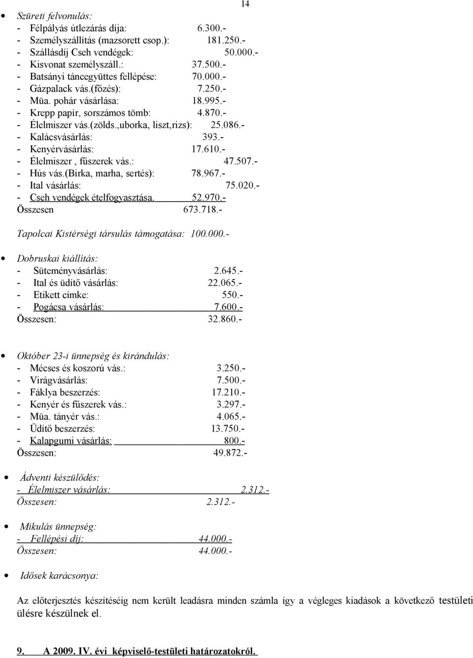 086.- - Kalácsvásárlás: 393.- - Kenyérvásárlás: 17.610.- - Élelmiszer, fűszerek vás.: 47.507.- - Hús vás.(birka, marha, sertés): 78.967.- - Ital vásárlás: 75.020.- - Cseh vendégek ételfogyasztása. 52.