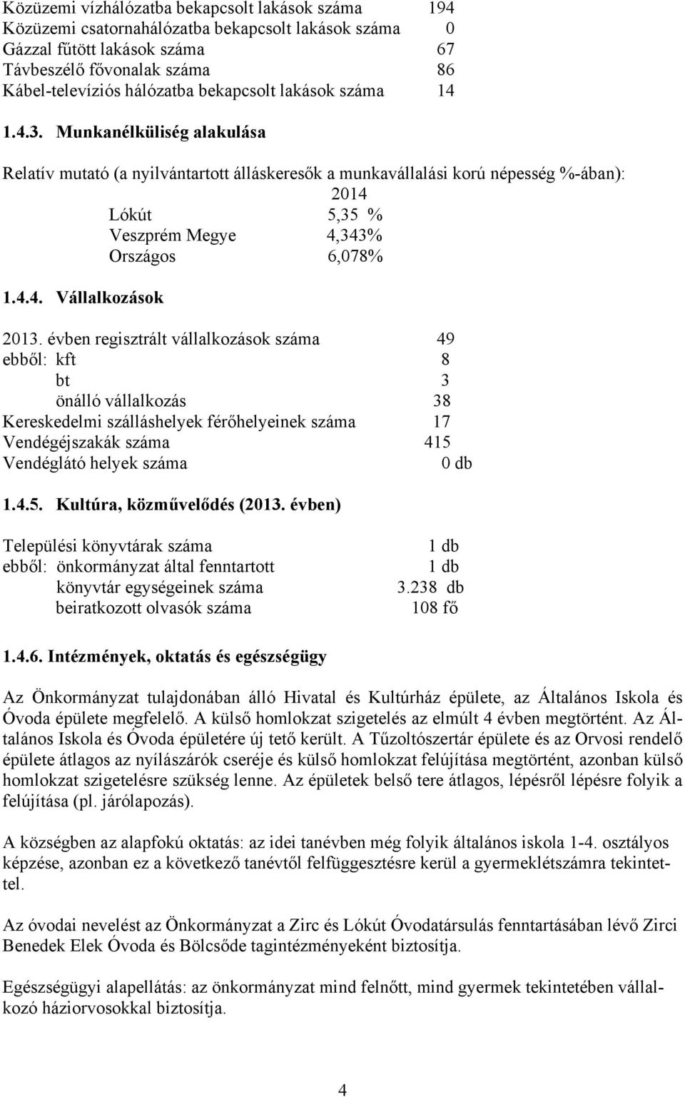 Munkanélküliség alakulása Relatív mutató (a nyilvántartott álláskeresők a munkavállalási korú népesség %-ában): 2014 Lókút 5,35 % Veszprém Megye 4,343% Országos 6,078% 1.4.4. Vállalkozások 2013.