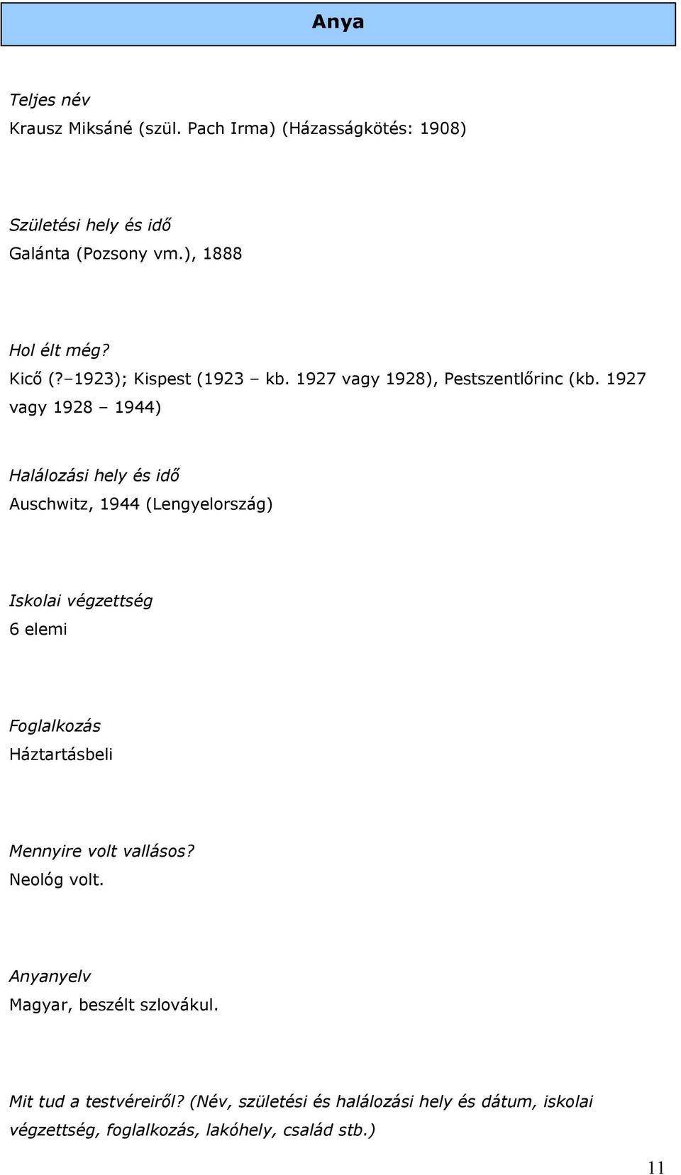 1927 vagy 1928 1944) Halálozási hely és idő Auschwitz, 1944 (Lengyelország) Iskolai végzettség 6 elemi Foglalkozás Háztartásbeli