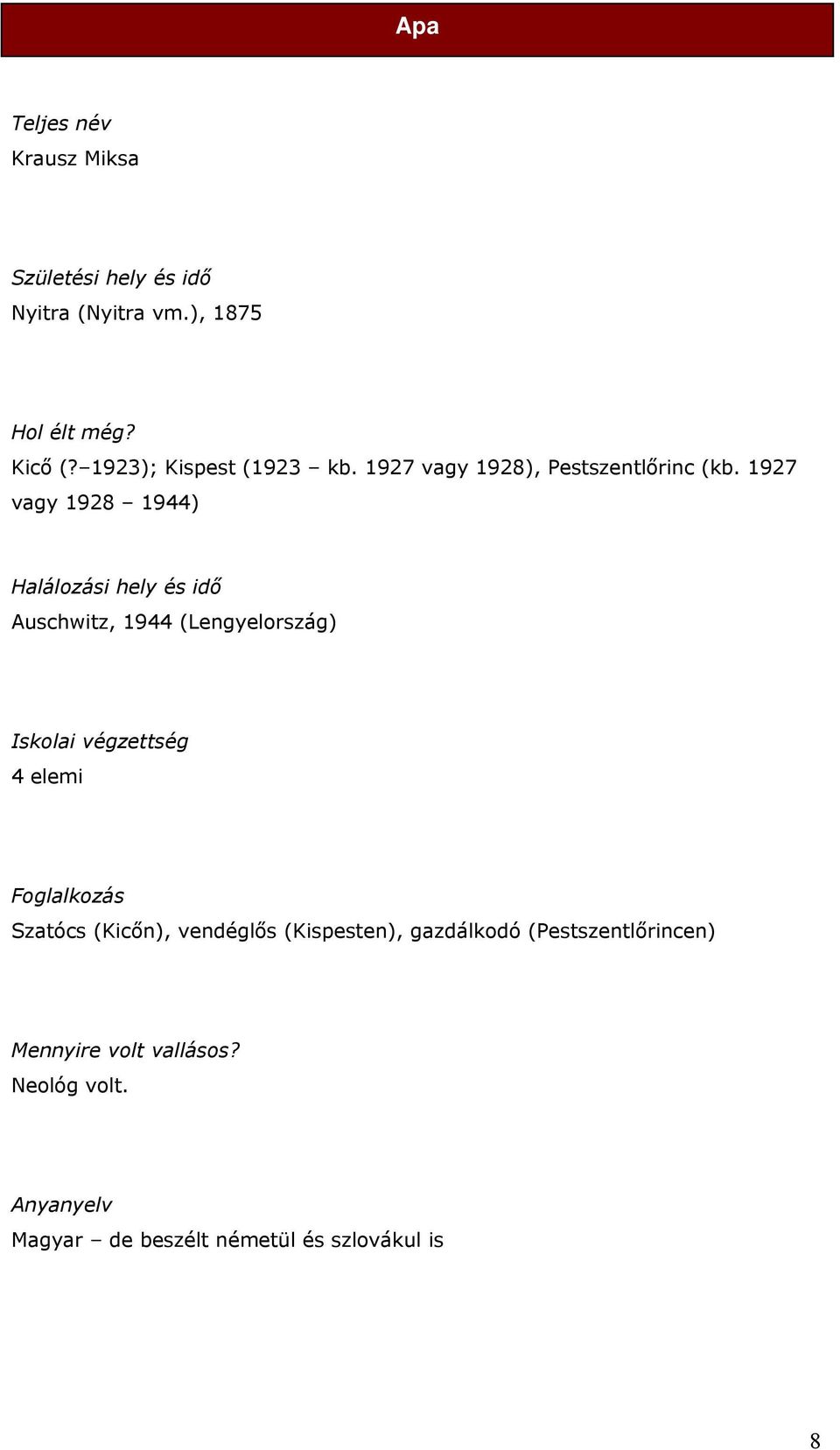 1927 vagy 1928 1944) Halálozási hely és idő Auschwitz, 1944 (Lengyelország) Iskolai végzettség 4 elemi