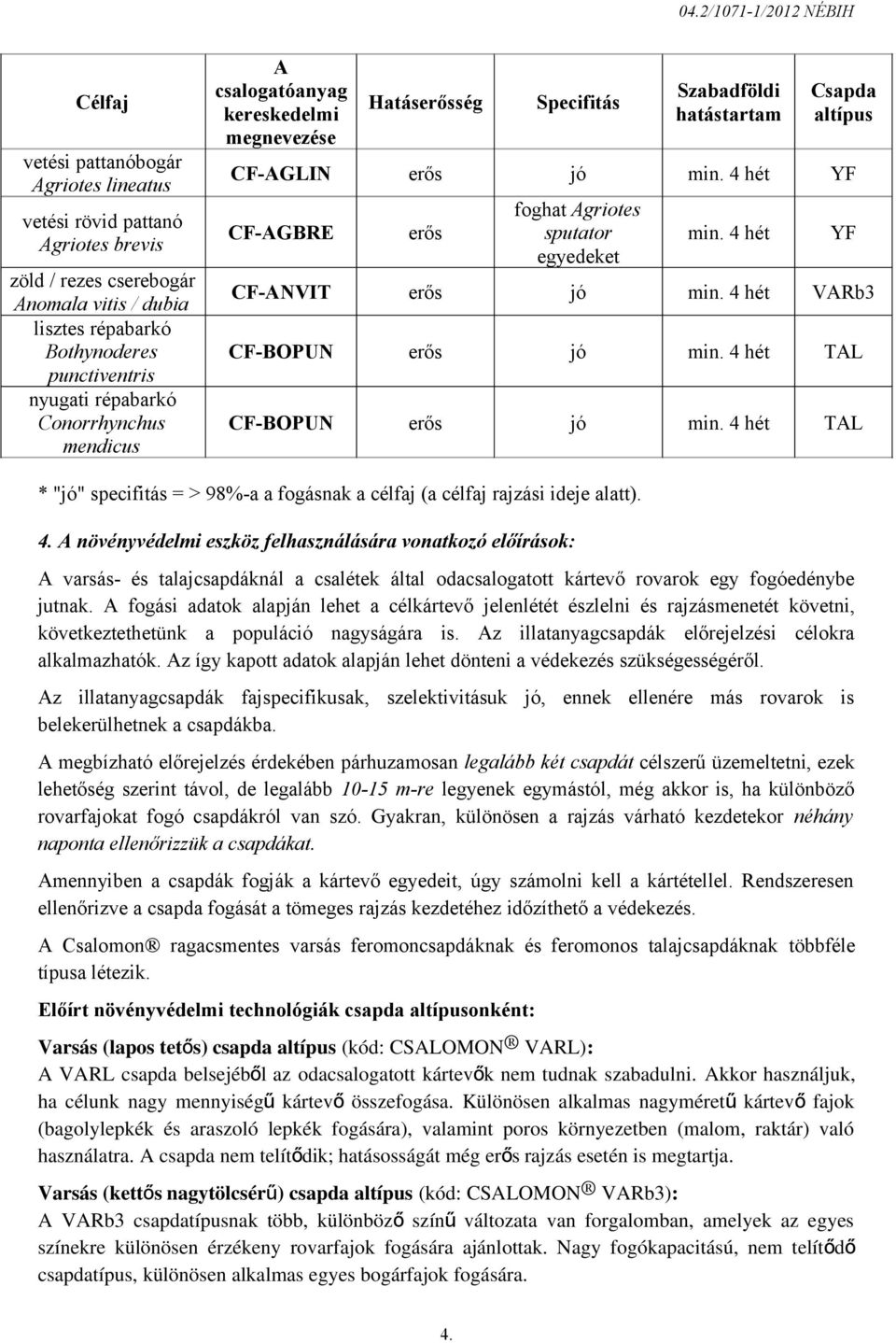 * "jó" specifitás = > 98%-a a fogásnak a célfaj (a célfaj rajzási ideje alatt). 4.