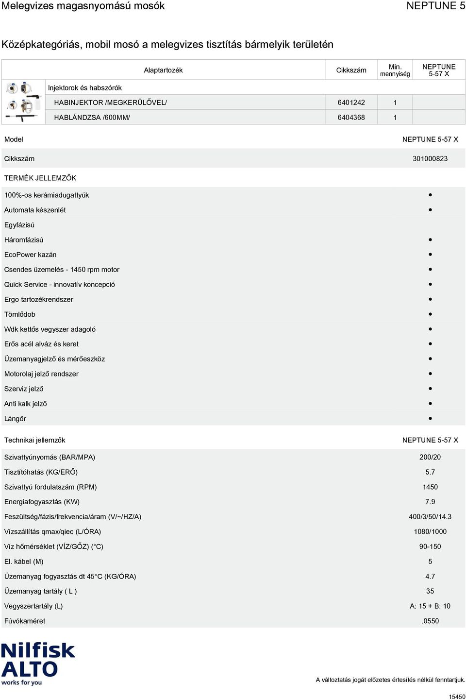 mérőeszköz Motorolaj jelző rendszer Szerviz jelző Anti kalk jelző Lángőr Technikai jellemzők Szivattyúnyomás (BAR/MPA) 200/20 Tisztítóhatás (KG/ERŐ) 5.