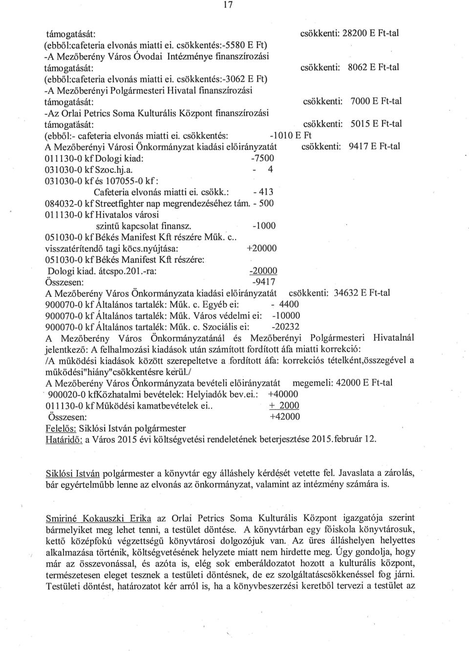 csökkentés:-3062 E Ft) -A Mezőberényi Polgármesteri Hivtl finnszírozási támogtását: csökkenti: 7000 E Ft-tl -Az Orli Petrics Som Kulturális Központ fmnszírozási támogtását: csökkenti: 5015 E Ft-tl