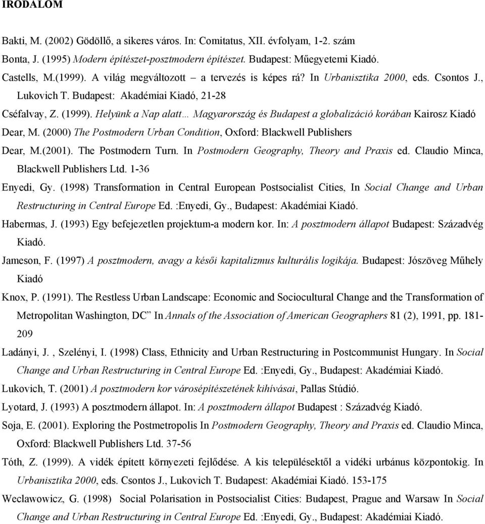 Helyünk a Nap alatt Magyarország és Budapest a globalizáció korában Kairosz Kiadó Dear, M. (2000) The Postmodern Urban Condition, Oxford: Blackwell Publishers Dear, M.(2001). The Postmodern Turn.
