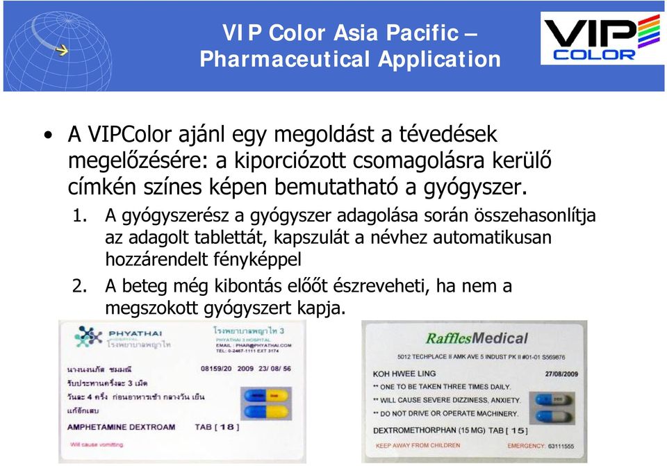 A gyógyszerész a gyógyszer adagolása során összehasonlítja az adagolt tablettát, kapszulát a névhez