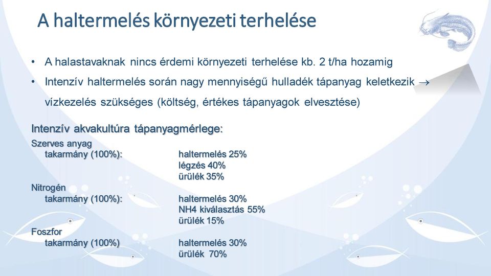 értékes tápanyagok elvesztése) Intenzív akvakultúra tápanyagmérlege: Szerves anyag takarmány (100%): haltermelés 25%