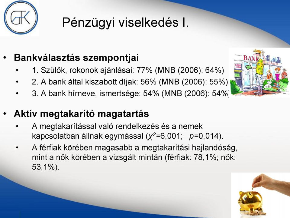 A bank hírneve, ismertsége: 54% (MNB (2006): 54%) Aktív megtakarító magatartás A megtakarítással való rendelkezés