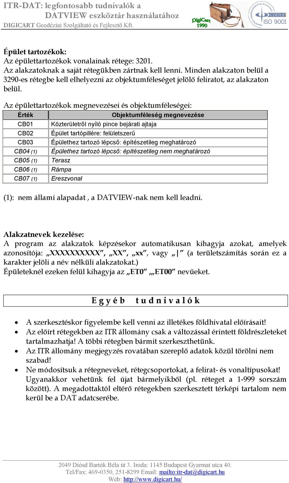 Az épülettartozékok megnevezései és objektumféleségei: Érték CB01 CB02 CB03 CB04 (1) CB05 (1) CB06 (1) CB07 (1) Közterületről nyíló pince bejárati ajtaja Objektumféleség megnevezése Épület