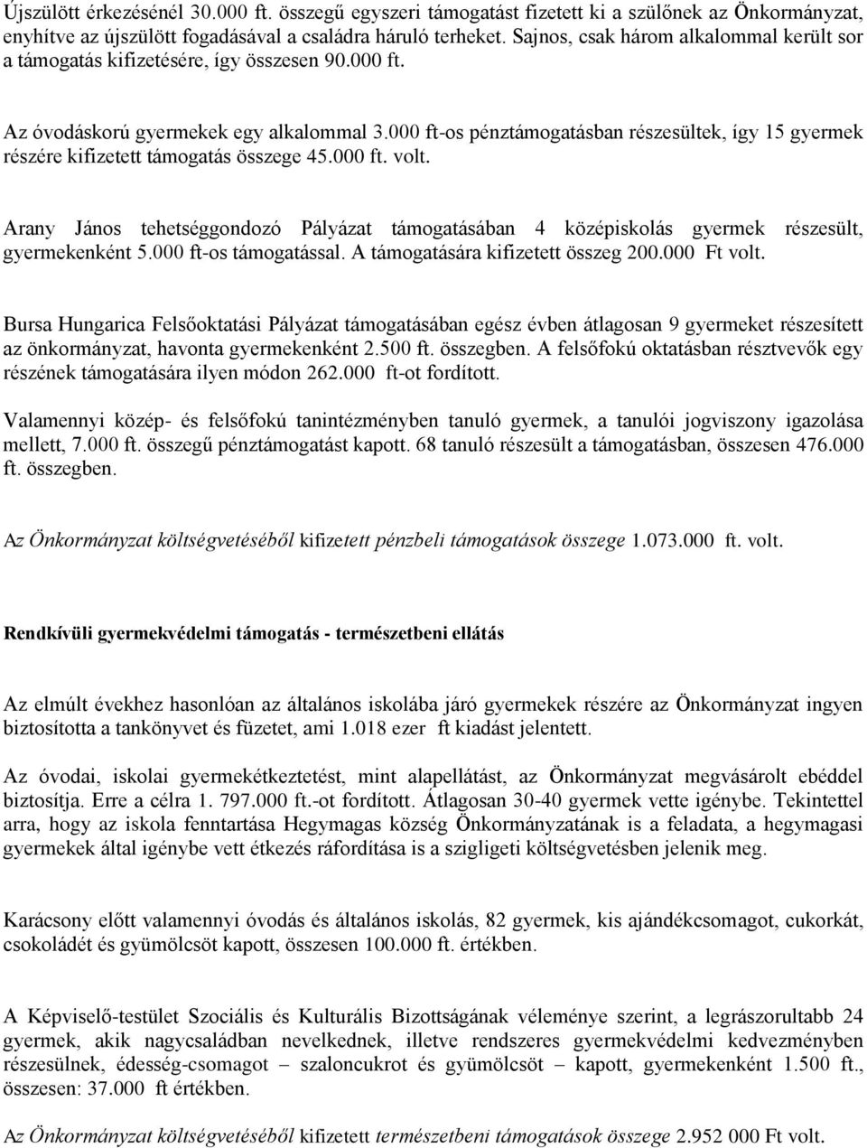 000 ft-os pénztámogatásban részesültek, így 15 gyermek részére kifizetett támogatás összege 45.000 ft. volt.