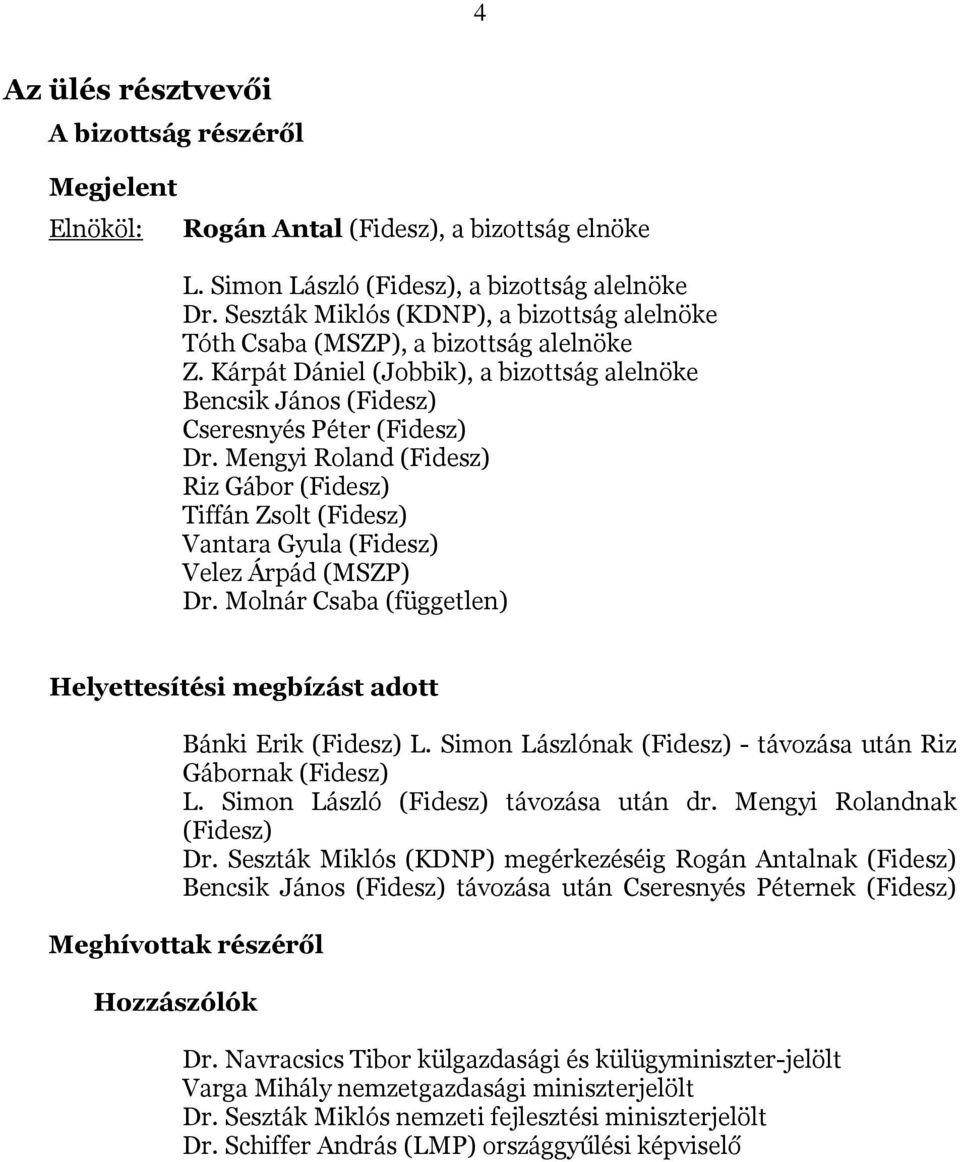 Mengyi Roland (Fidesz) Riz Gábor (Fidesz) Tiffán Zsolt (Fidesz) Vantara Gyula (Fidesz) Velez Árpád (MSZP) Dr. Molnár Csaba (független) Helyettesítési megbízást adott Bánki Erik (Fidesz) L.