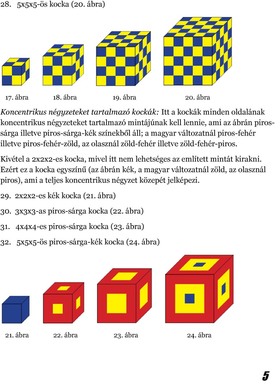 áll; a magyar változatnál piros-fehér illetve piros-fehér-zöld, az olasznál zöld-fehér illetve zöld-fehér-piros. Kivétel a 2x2x2-es kocka, mivel itt nem lehetséges az említett mintát kirakni.