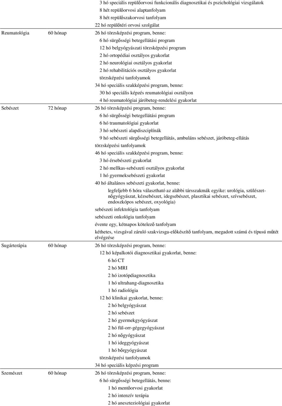 osztályos 34 hó speciális szakképzési program, benne: 30 hó speciális képzés reumatológiai osztályon 4 hó reumatológiai járóbeteg-rendelési Sebészet 72 hónap 26 hó törzsképzési program, benne: 6 hó