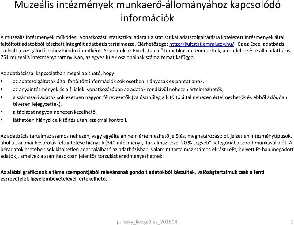 Az adatok az Excel fülein tematikusan rendezettek, a rendelkezésre álló adatbázis 751 muzeális intézményt tart nyílván, az egyes fülek oszlopainak száma tematikafüggő.