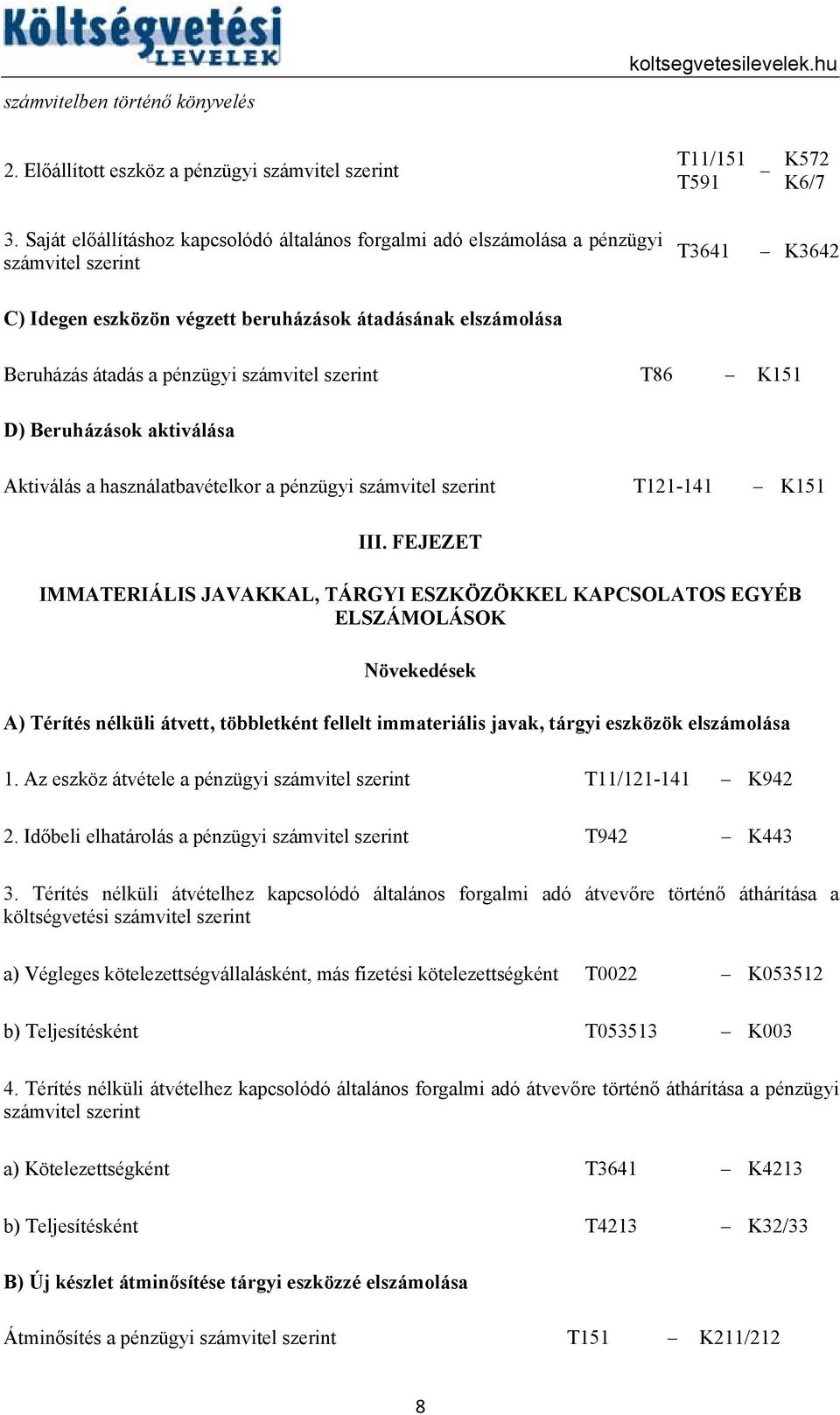 Beruházások aktiválása Aktiválás a használatbavételkor a pénzügyi T121-141 K151 III.