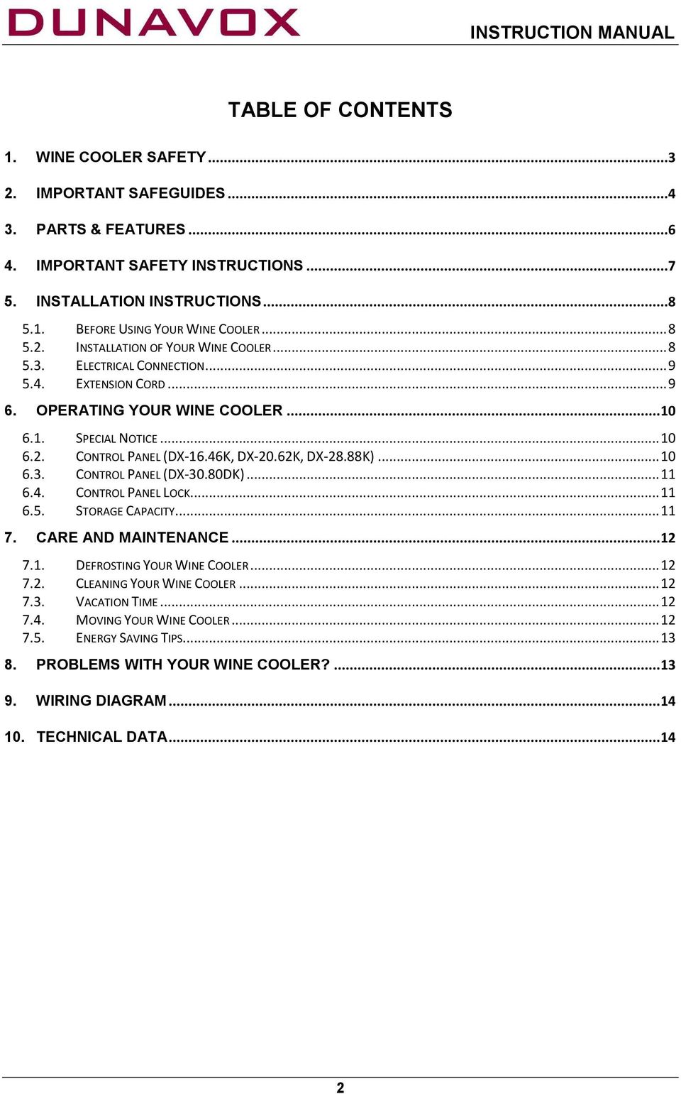 46K, DX-20.62K, DX-28.88K)... 10 6.3. CONTROL PANEL (DX-30.80DK)... 11 6.4. CONTROL PANEL LOCK... 11 6.5. STORAGE CAPACITY... 11 7. CARE AND MAINTENANCE... 12 7.1. DEFROSTING YOUR WINE COOLER... 12 7.2. CLEANING YOUR WINE COOLER.