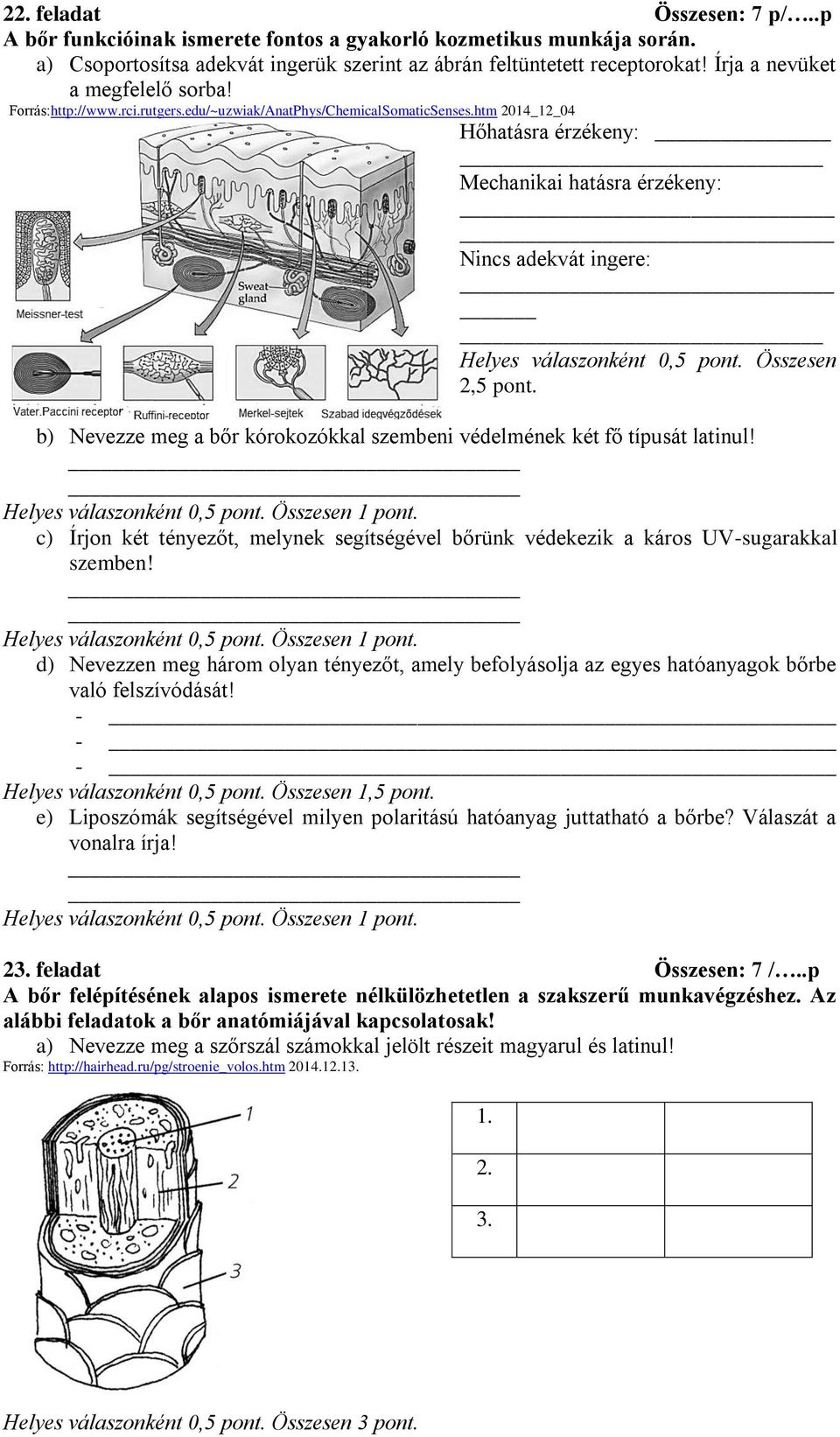 htm 2014_12_04 Hőhatásra érzékeny: Mechanikai hatásra érzékeny: Nincs adekvát ingere: Helyes válaszonként 0,5 pont. Összesen 2,5 pont.