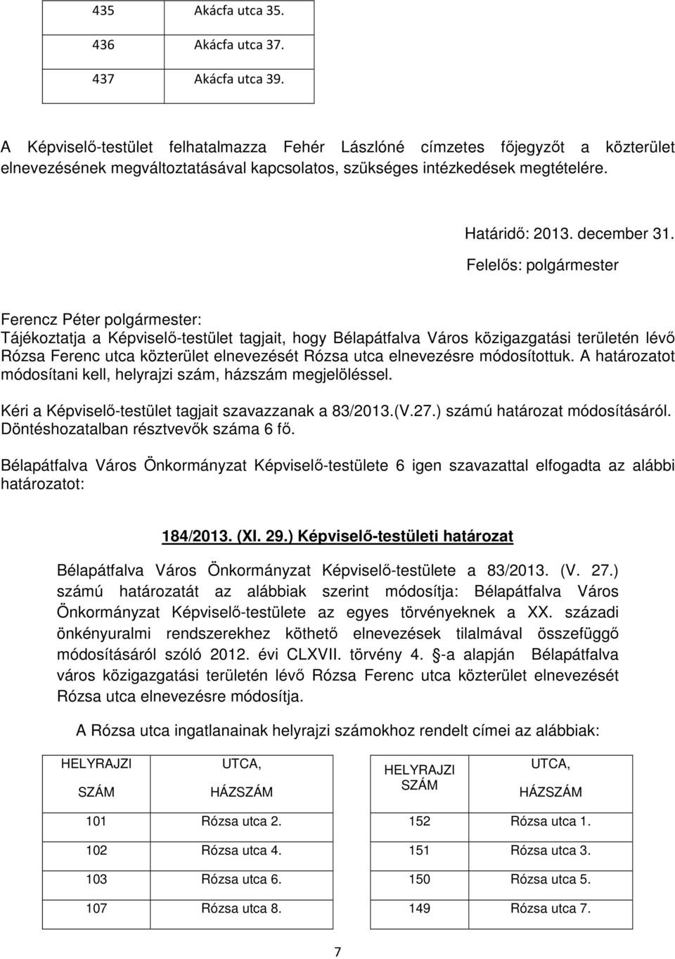 Felelős: polgármester Tájékoztatja a Képviselő-testület tagjait, hogy Bélapátfalva Város közigazgatási területén lévő Rózsa Ferenc utca közterület elnevezését Rózsa utca elnevezésre módosítottuk.