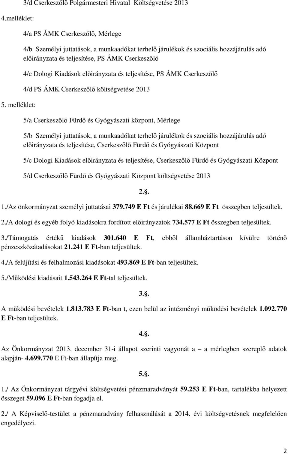 és teljesítése, PS ÁMK Cserkeszőlő 4/c Dologi Kiadások előirányzata és teljesítése, PS ÁMK Cserkeszőlő 4/d PS ÁMK Cserkeszőlő költségvetése 2013 5/a Cserkeszőlő Fürdő és Gyógyászati központ, Mérlege