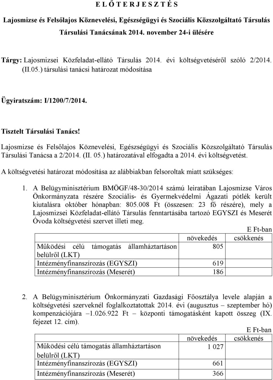 Tisztelt Társulási Tanács! Lajosmizse és Felsőlajos Köznevelési, Egészségügyi és Szociális Közszolgáltató Társulás Társulási Tanácsa a 2/2014. (II. 05.) határozatával elfogadta a 2014.