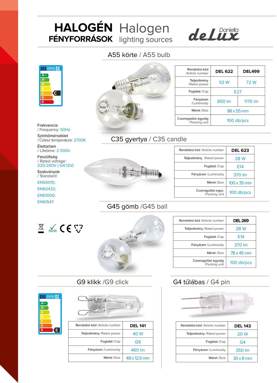 EN60432; EN61000; EN61547 C35 gyertya / C35 candle G45 gömb /G45 ball DEL 623 28 W E14 370 lm 100 x 35 mm Csomagolási egys.