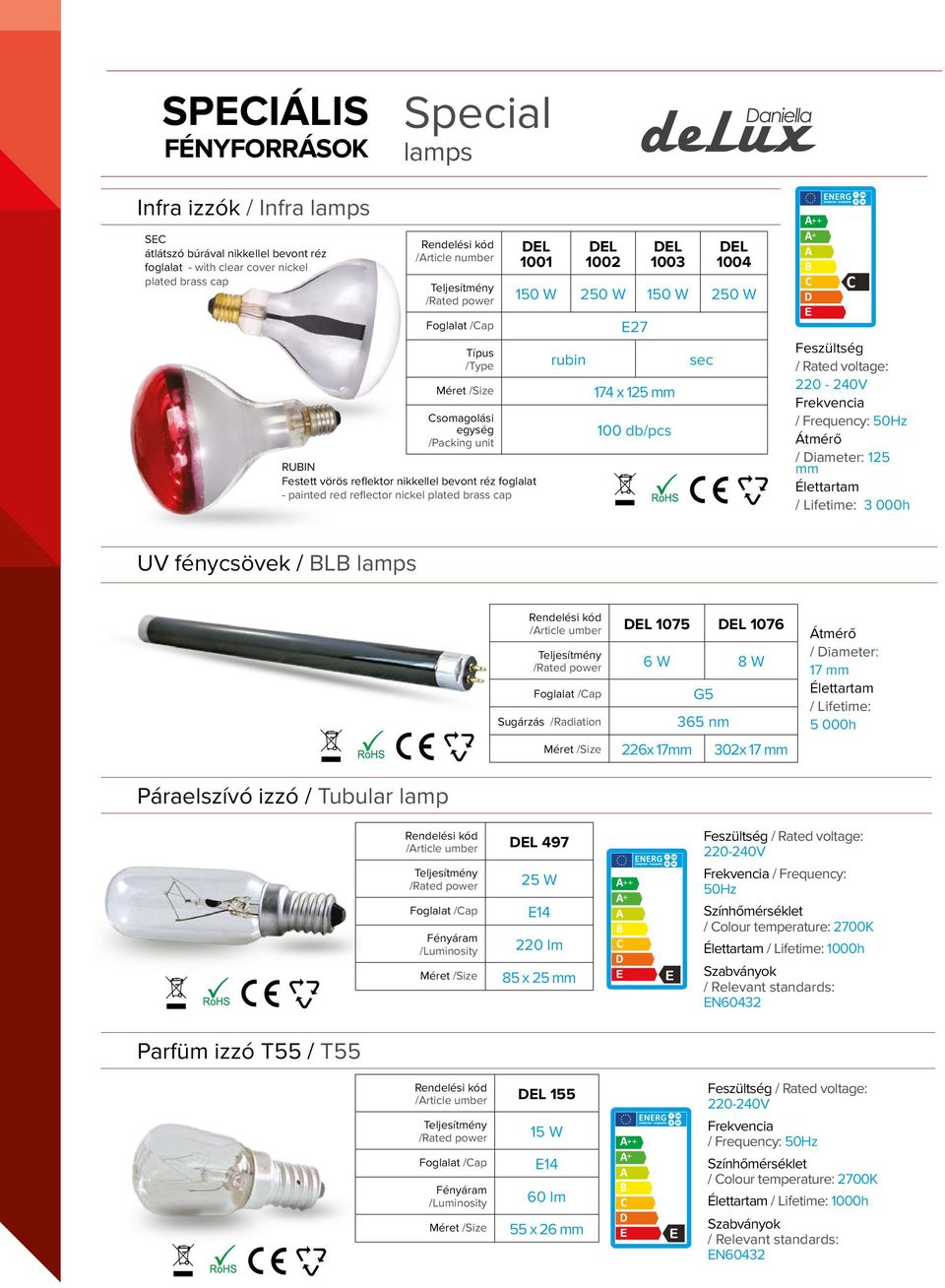 Rated voltage: 220-240V / Frequency: 50Hz Átmérő / Diameter: 125 mm / Lifetime: 3 000h UV fénycsövek / BLB lamps /Article umber DEL 1075 DEL 1076 6 W 8 W Sugárzás /Radiation G5 365 nm 226x 17mm 302x