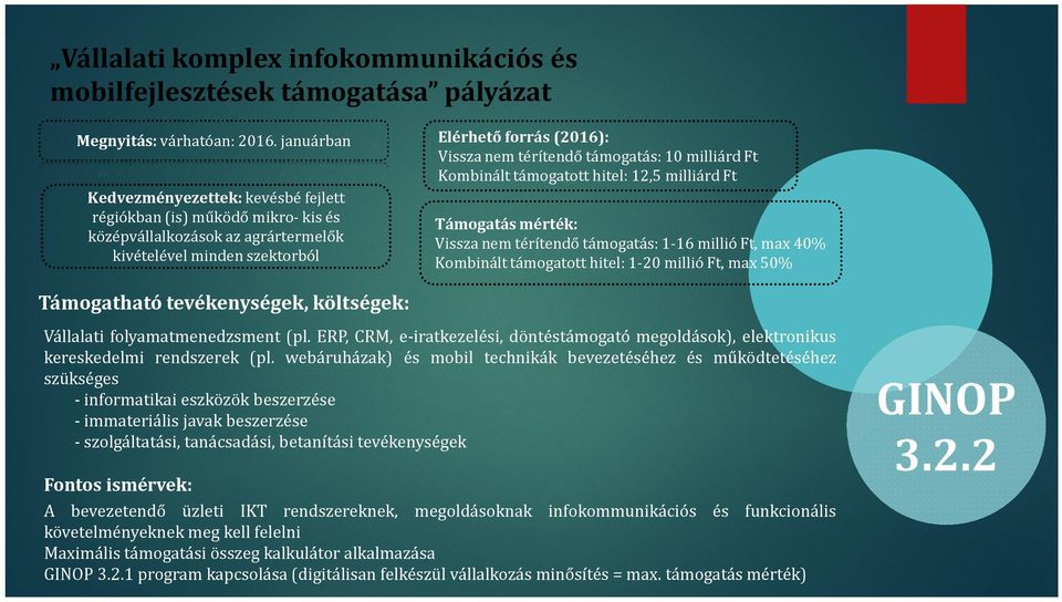 támogatás: 10 milliárd Ft Kombinált támogatott hitel: 12,5 milliárd Ft Támogatás mérték: Vissza nem térítendő támogatás: 1-16 millió Ft, max 40% Kombinált támogatott hitel: 1-20 millió Ft, max 50%