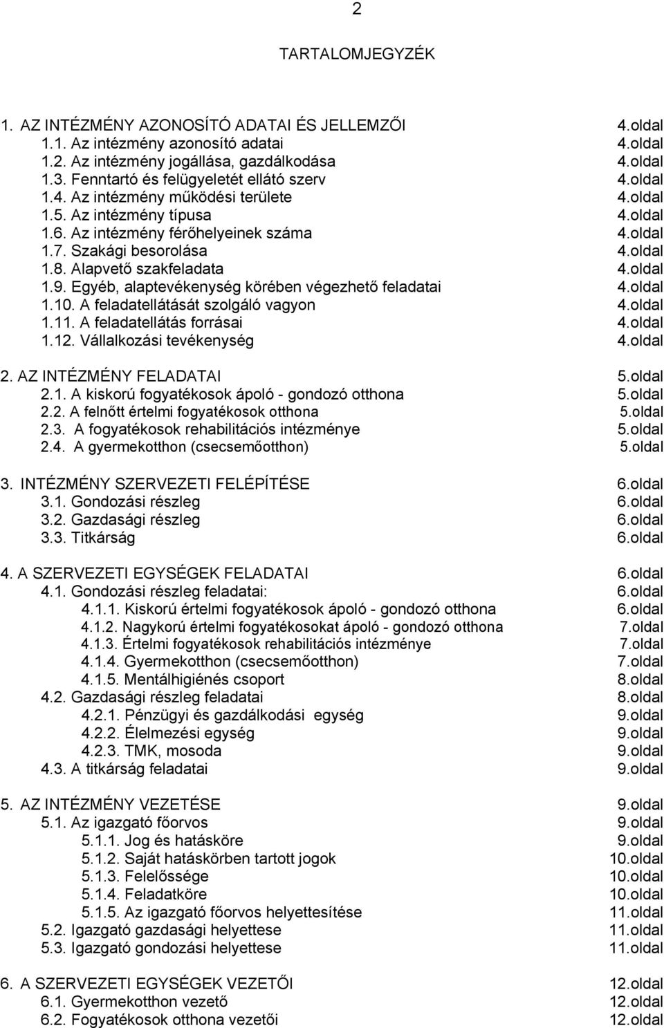 oldal 1.8. Alapvető szakfeladata 4.oldal 1.9. Egyéb, alaptevékenység körében végezhető feladatai 4.oldal 1.10. A feladatellátását szolgáló vagyon 4.oldal 1.11. A feladatellátás forrásai 4.oldal 1.12.