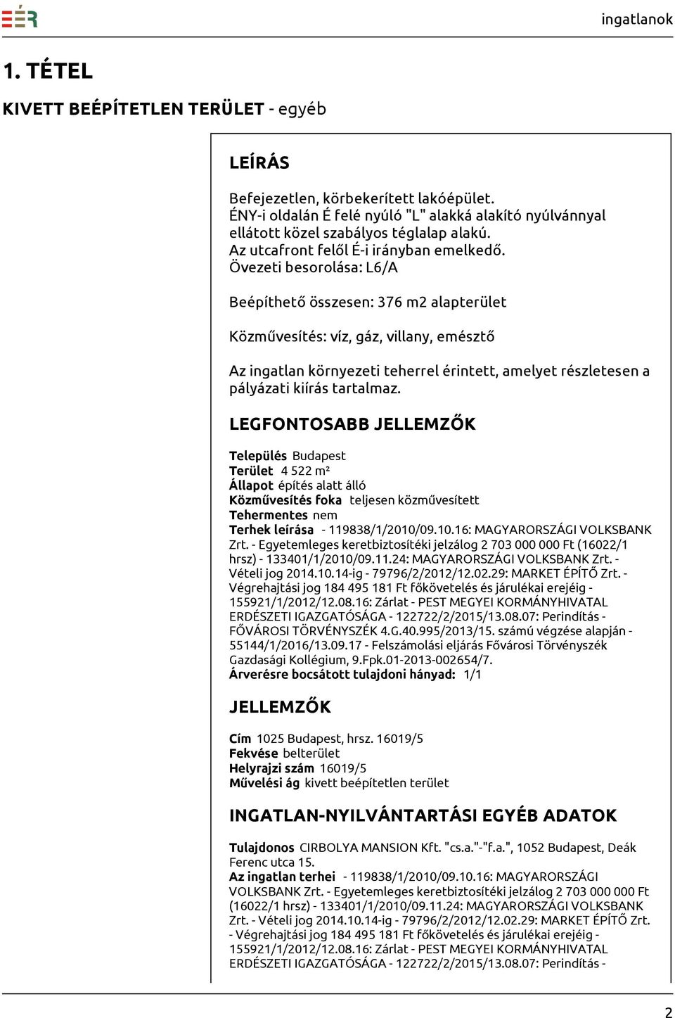 Övezeti besorolása: L6/A Beépíthető összesen: 376 m2 alapterület Közművesítés: víz, gáz, villany, emésztő Az ingatlan környezeti teherrel érintett, amelyet részletesen a pályázati kiírás tartalmaz.