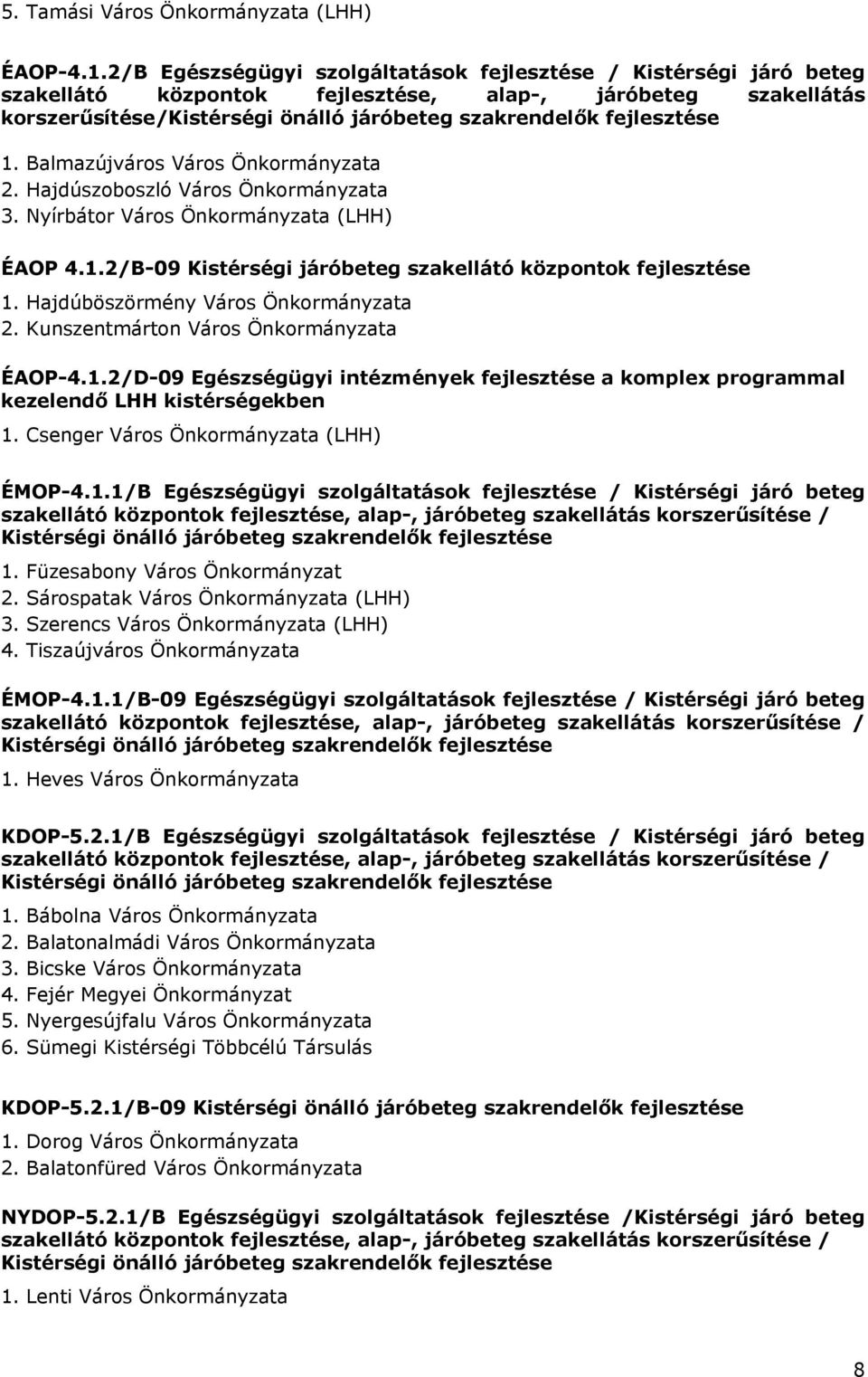 1. Balmazújváros Város Önkormányzata 2. Hajdúszoboszló Város Önkormányzata 3. Nyírbátor Város Önkormányzata (LHH) ÉAOP 4.1.2/B-09 Kistérségi járóbeteg szakellátó központok fejlesztése 1.