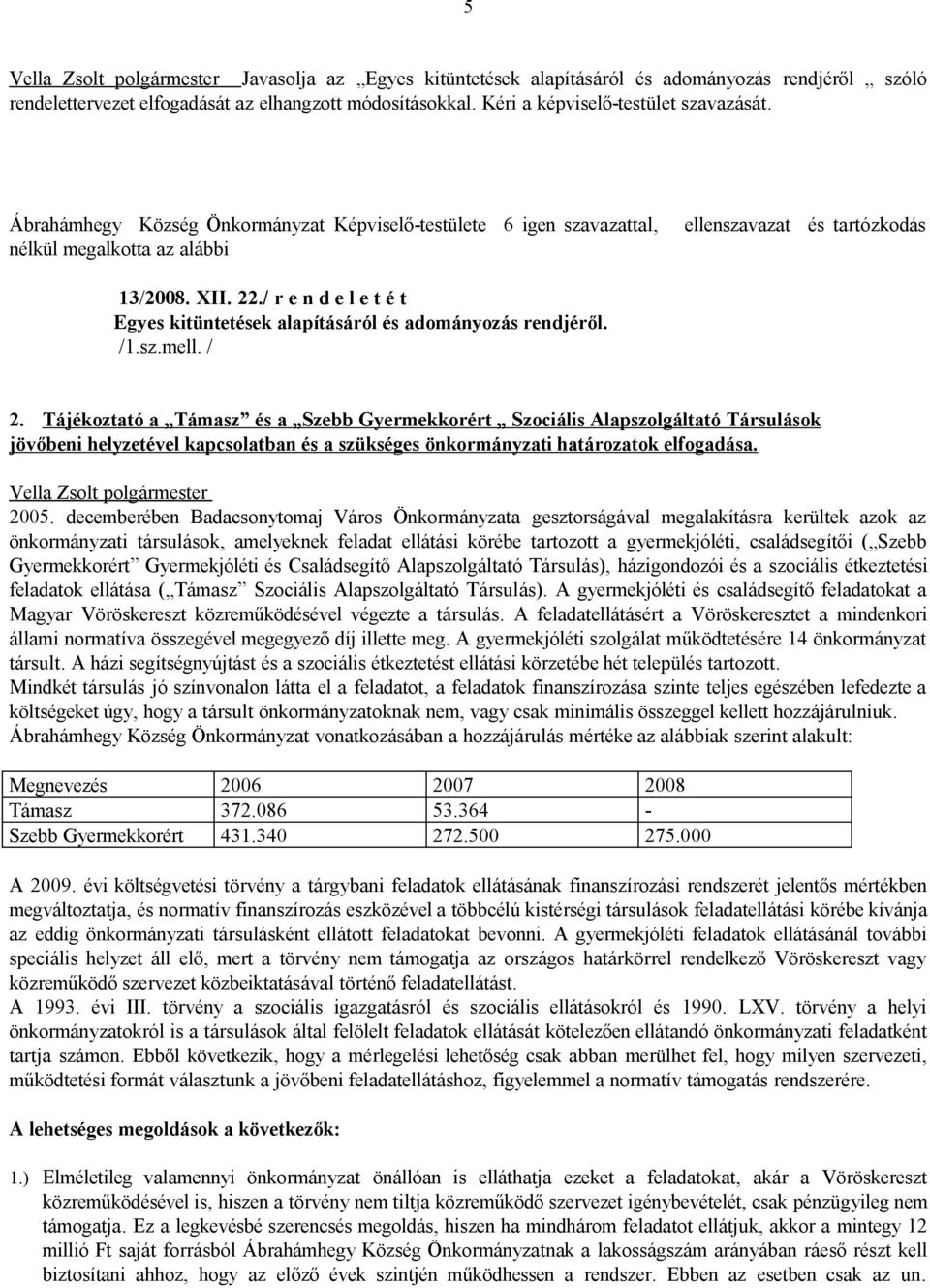 Tájékoztató a Támasz és a Szebb Gyermekkorért Szociális Alapszolgáltató Társulások jövőbeni helyzetével kapcsolatban és a szükséges önkormányzati határozatok elfogadása. Vella Zsolt polgármester 2005.