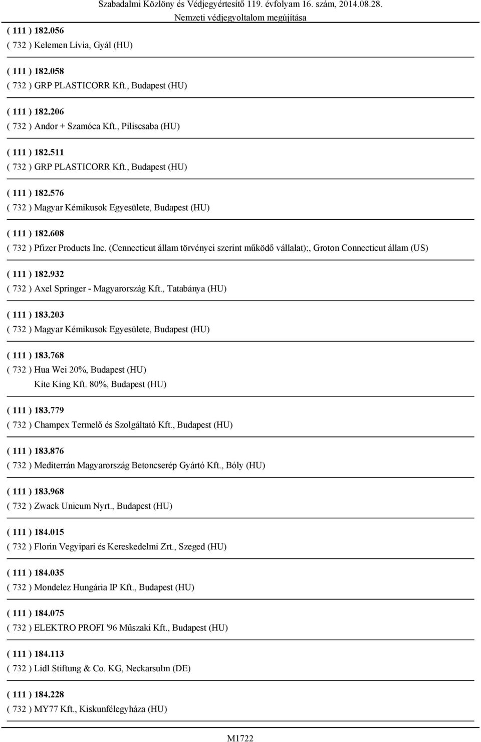 608 ( 732 ) Pfizer Products Inc. (Cennecticut állam törvényei szerint működő vállalat);, Groton Connecticut állam (US) ( 111 ) 182.932 ( 732 ) Axel Springer - Magyarország Kft.