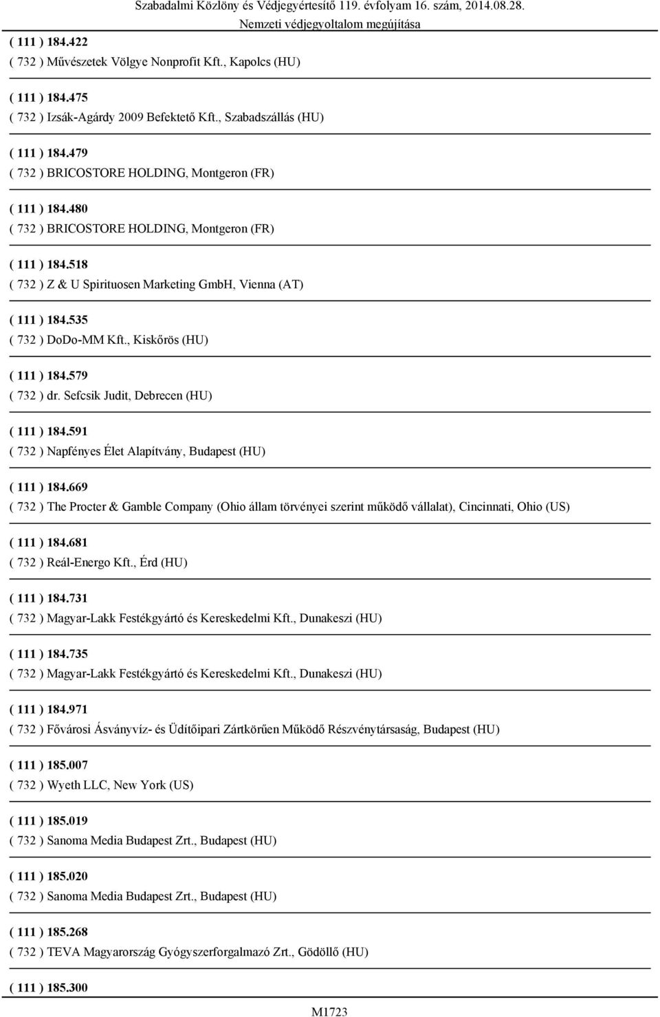 518 ( 732 ) Z & U Spirituosen Marketing GmbH, Vienna (AT) ( 111 ) 184.535 ( 732 ) DoDo-MM Kft., Kiskőrös (HU) ( 111 ) 184.579 ( 732 ) dr. Sefcsik Judit, Debrecen (HU) ( 111 ) 184.