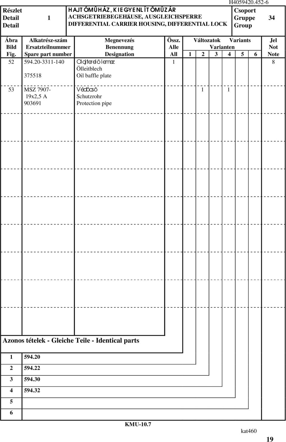 Változatok Variants Jel Bild Ersatzteilnummer Benennung Alle Varianten Not Fig. Spare part number Designation All 1 3 4 5 6 Note 5 594.